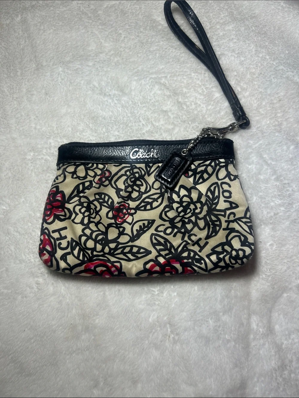 Coach Black & Red Floral Canvas Wristlet